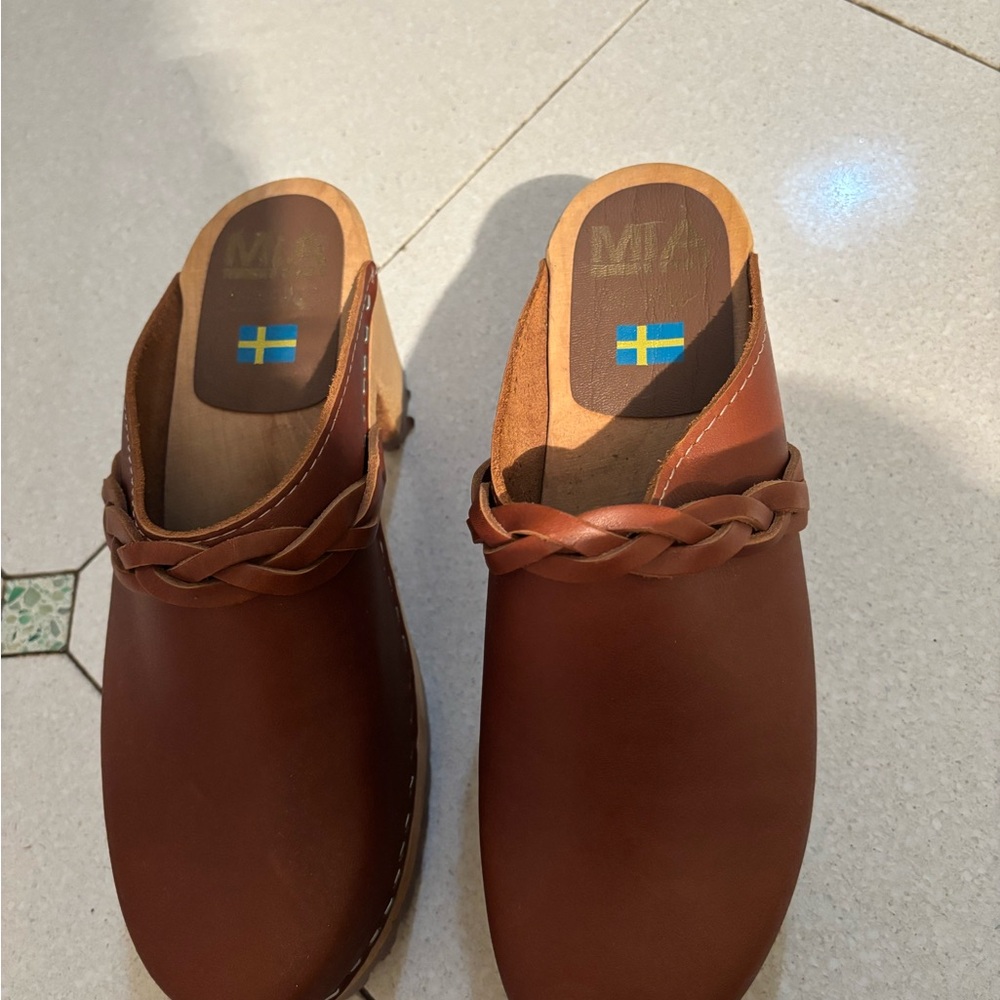 MIA Chestnut Leather Clogs with Braided Accent